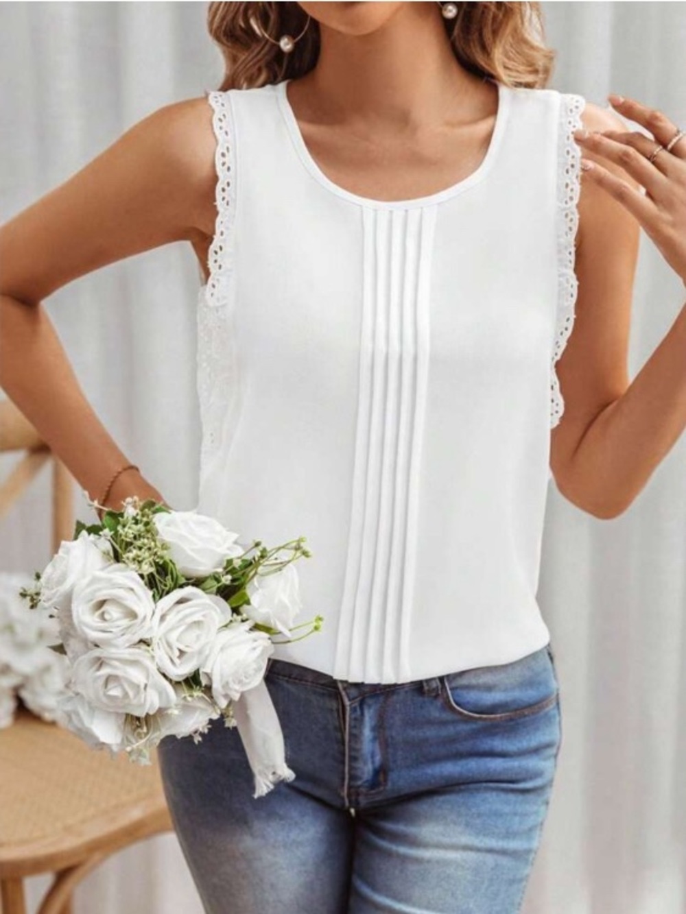 New York & Company White Lace-Trim Pintuck Sleeveless Top, Size Small Shirt